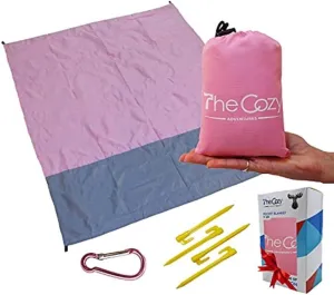 TheCozy Adventures Beach Blanket Waterproof Sandproof, 70x55 in. Pocket Blanket with Stakes – Compact Travel Beach Mat for Camping, Concerts & More – Durable,Soft & Fast-Drying, Pink