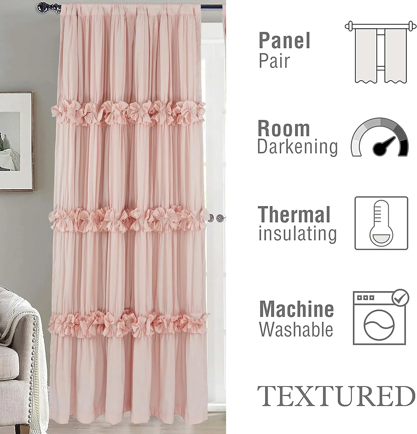 Thermal Insulated Blackout Window Curtains, 54" W x 84" L x 2 Panels, Boho Ruched Window Treatments with 3 Rows of Butterfly Flowers, Rustic Rod Pocket Drapes, Peach Pink (LQ-30)