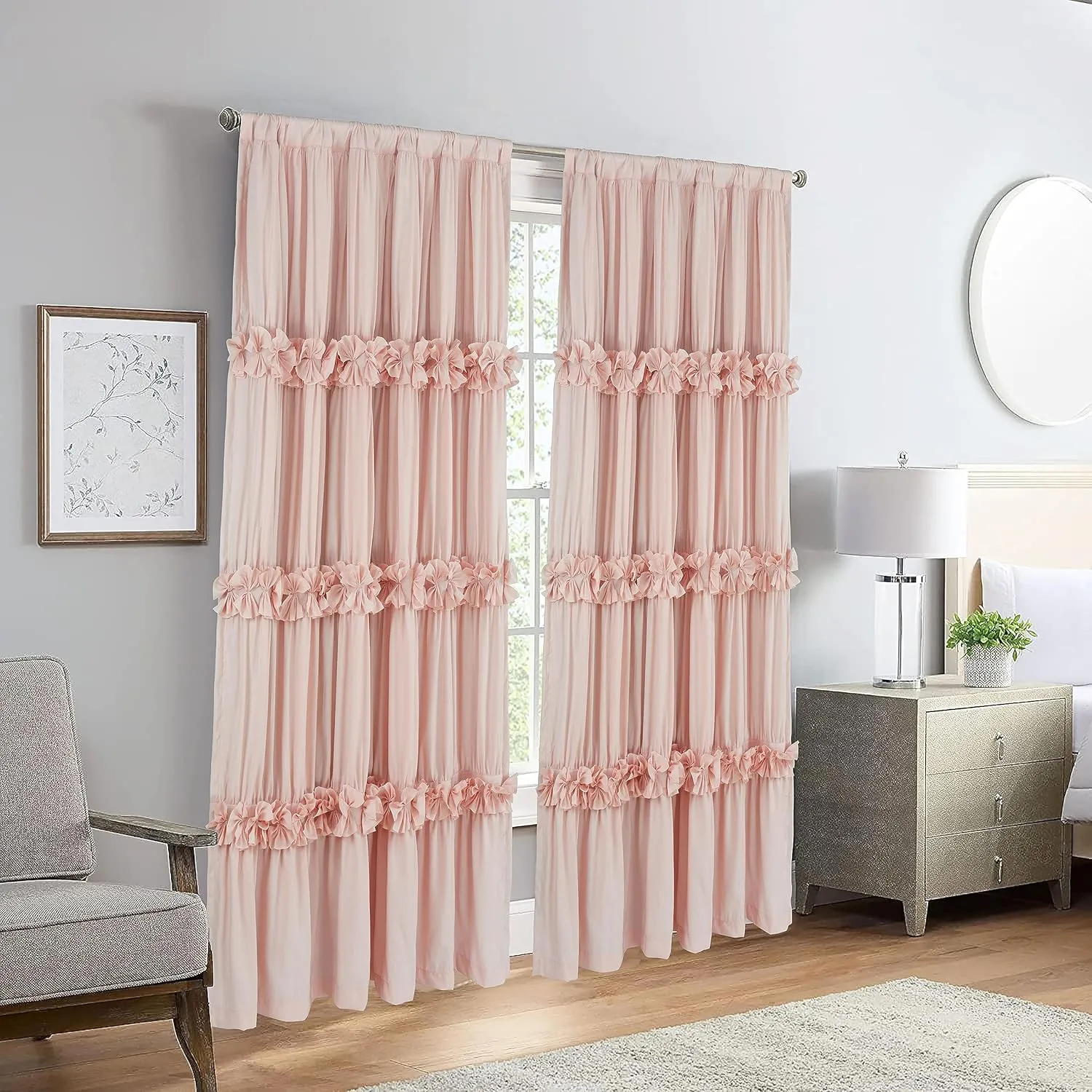 Thermal Insulated Blackout Window Curtains, 54" W x 84" L x 2 Panels, Boho Ruched Window Treatments with 3 Rows of Butterfly Flowers, Rustic Rod Pocket Drapes, Peach Pink (LQ-30)