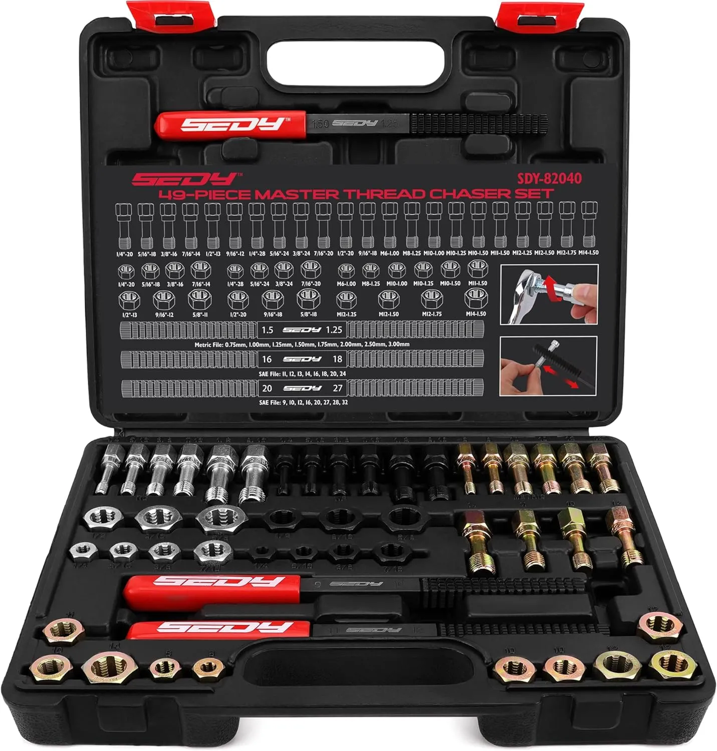 Thread Repair Thread Chaser Tool Set - 49PCS Thread Cleaner Rethreading Master Kit Metric SAE Bolt Restorer File Nut Rethreader Automotive Wheel Stud Spark Plug Engine Standard Screw Threading UNC UNF