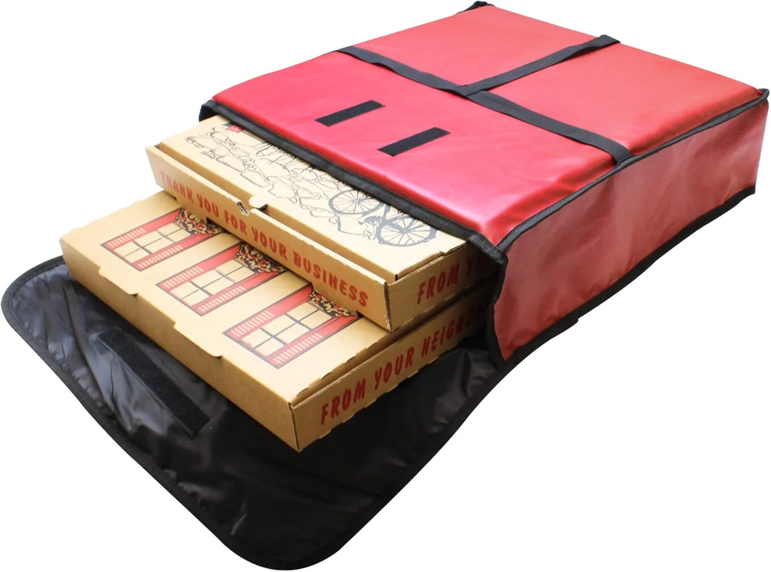 Thunder Group PLPB024 Pizza Delivery Bag, 24" x 24" x 5", holds (2) 22" pizzas, velcro fasteners, ventilation holes, foam insulated, leatheroid pvc, with nylon edges, T-str