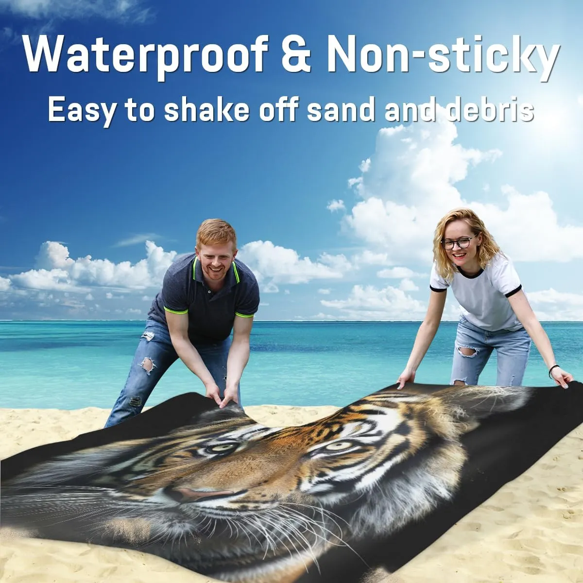 Tiger Beach Blanket, Sandproof Beach Mat, Adults Waterproof Quick Drying Sand Free Mat with 4 x Ground Spikes for Outdoor Travel Camping Hiking, Wild Animal Themed