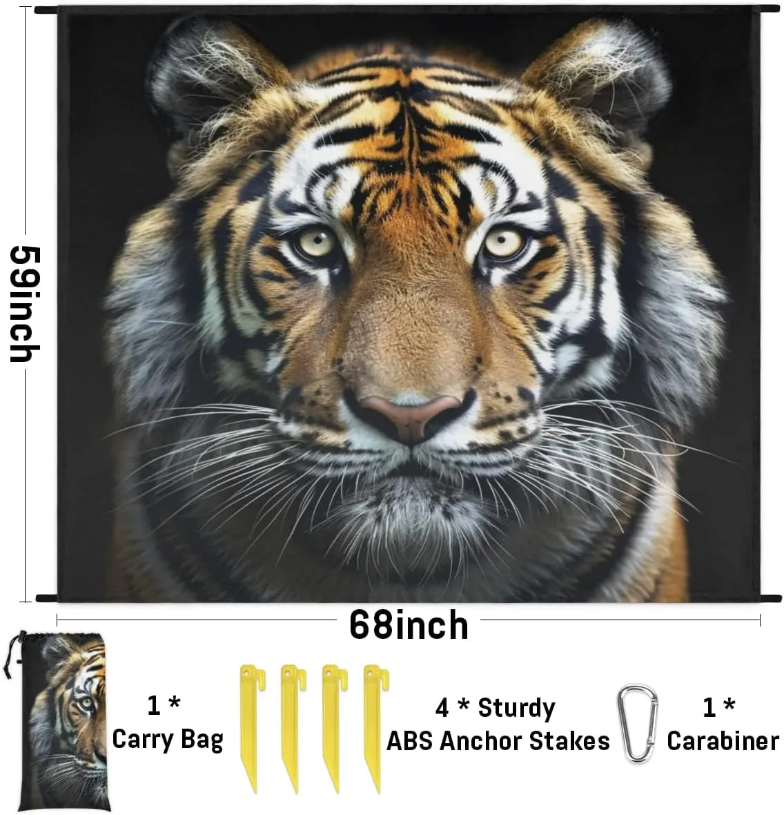 Tiger Beach Blanket, Sandproof Beach Mat, Adults Waterproof Quick Drying Sand Free Mat with 4 x Ground Spikes for Outdoor Travel Camping Hiking, Wild Animal Themed