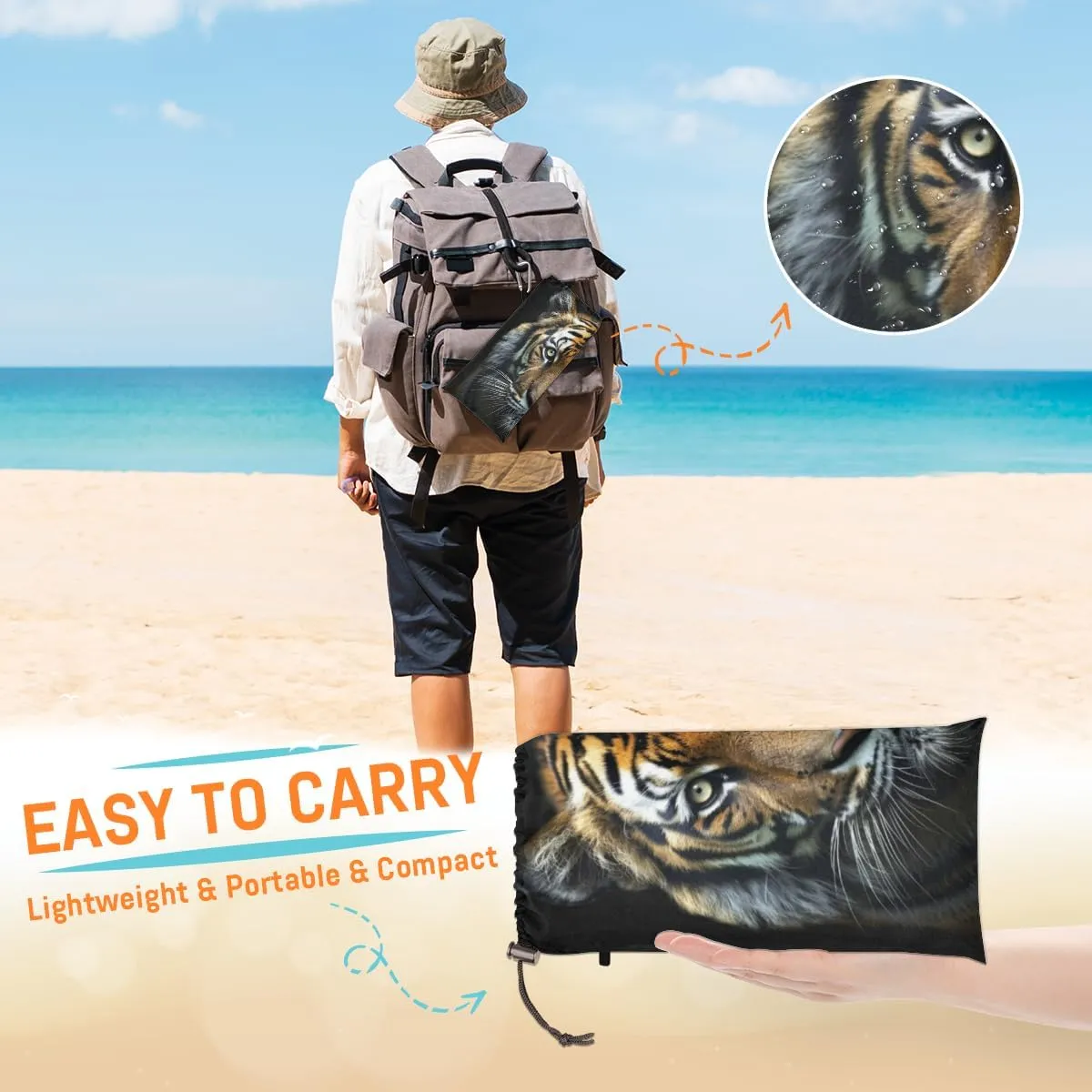 Tiger Beach Blanket, Sandproof Beach Mat, Adults Waterproof Quick Drying Sand Free Mat with 4 x Ground Spikes for Outdoor Travel Camping Hiking, Wild Animal Themed