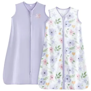 TILLYOU Sleep Sack 18-24 Months - 0.5 TOG Baby Wearable Blanket with 2-Way Zipper, Lightweight Cotton Summer Sleeping sack 2 Pack, Brilliant little flowers and purple
