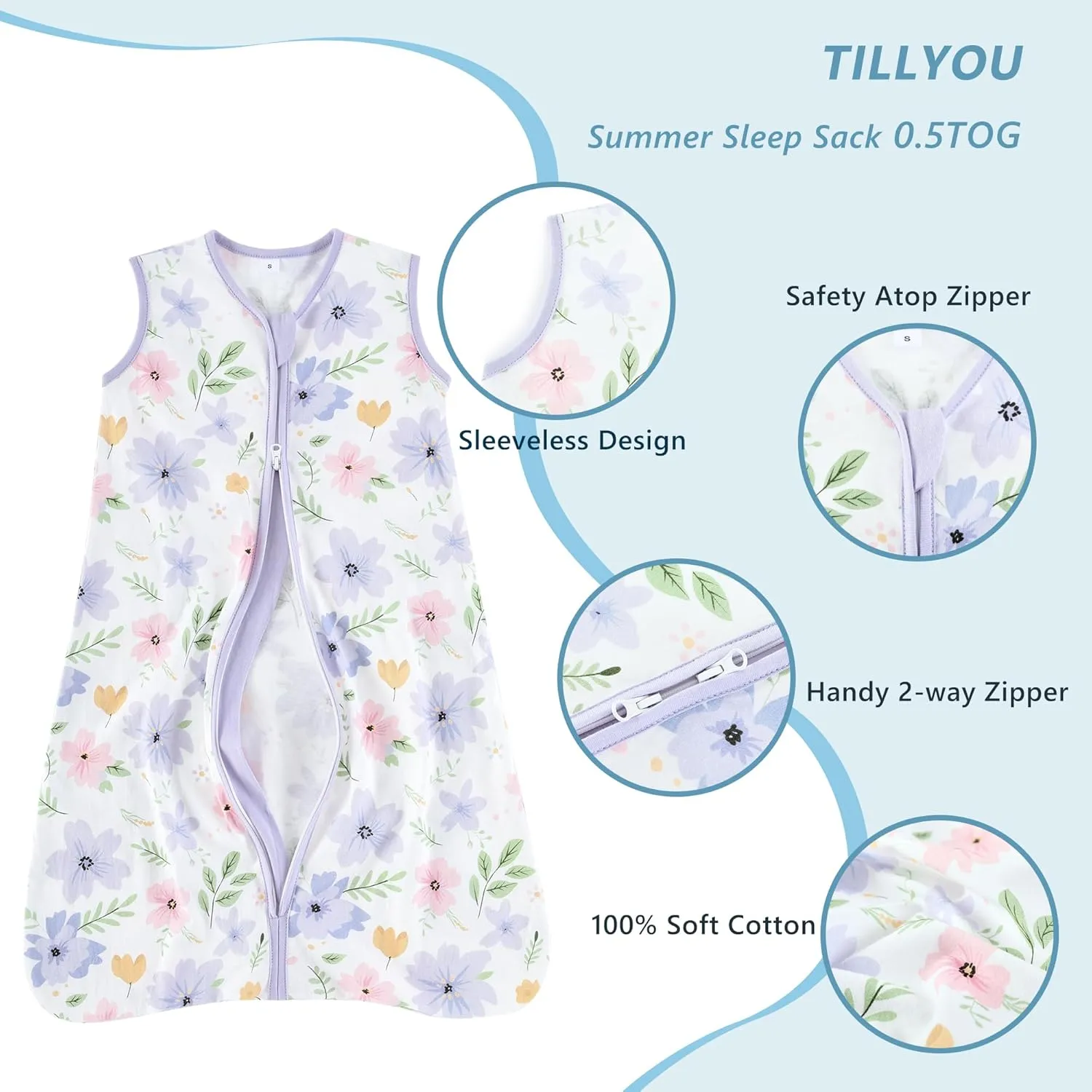 TILLYOU Sleep Sack 18-24 Months - 0.5 TOG Baby Wearable Blanket with 2-Way Zipper, Lightweight Cotton Summer Sleeping sack 2 Pack, Brilliant little flowers and purple