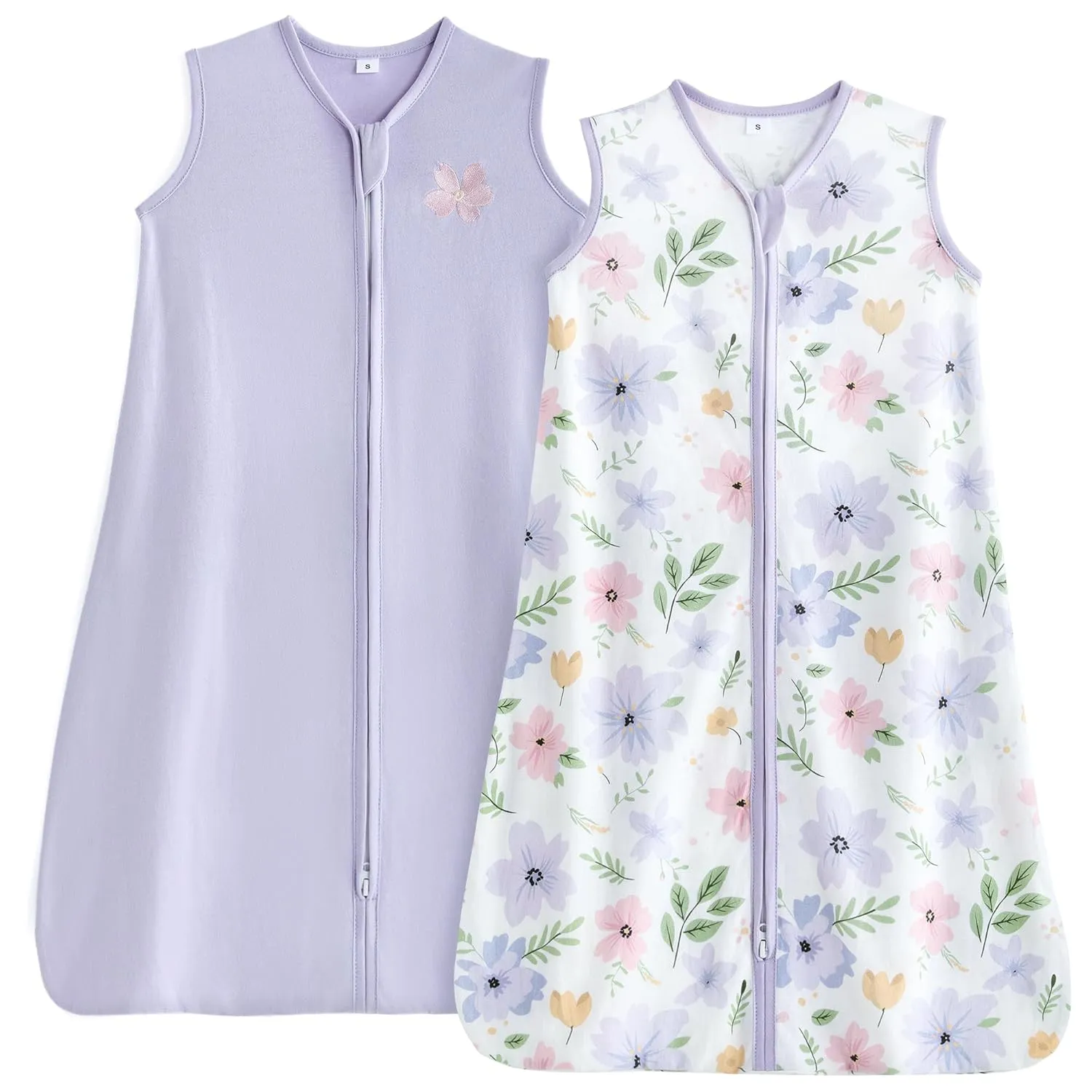 TILLYOU Sleep Sack 18-24 Months - 0.5 TOG Baby Wearable Blanket with 2-Way Zipper, Lightweight Cotton Summer Sleeping sack 2 Pack, Brilliant little flowers and purple