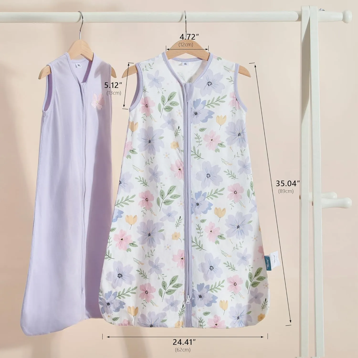 TILLYOU Sleep Sack 18-24 Months - 0.5 TOG Baby Wearable Blanket with 2-Way Zipper, Lightweight Cotton Summer Sleeping sack 2 Pack, Brilliant little flowers and purple