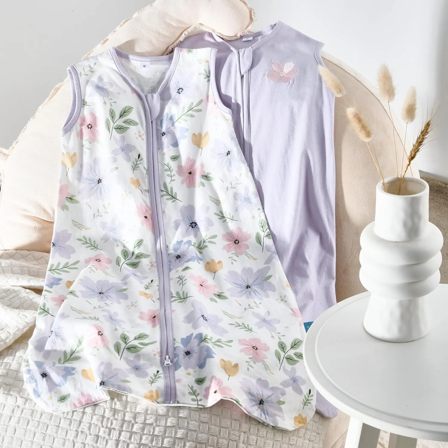 TILLYOU Sleep Sack 18-24 Months - 0.5 TOG Baby Wearable Blanket with 2-Way Zipper, Lightweight Cotton Summer Sleeping sack 2 Pack, Brilliant little flowers and purple
