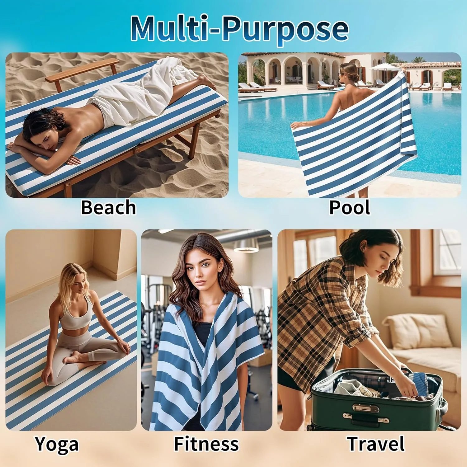 timecity Extra Large Beach Towel 35''x71'' Microfiber Oversized Lightweight Pool Towel Sand-Resistant Quickdry Towel with Compact Bag for Beach, Pool, Yoga, Travel Beach Essentials Accessories, Blue