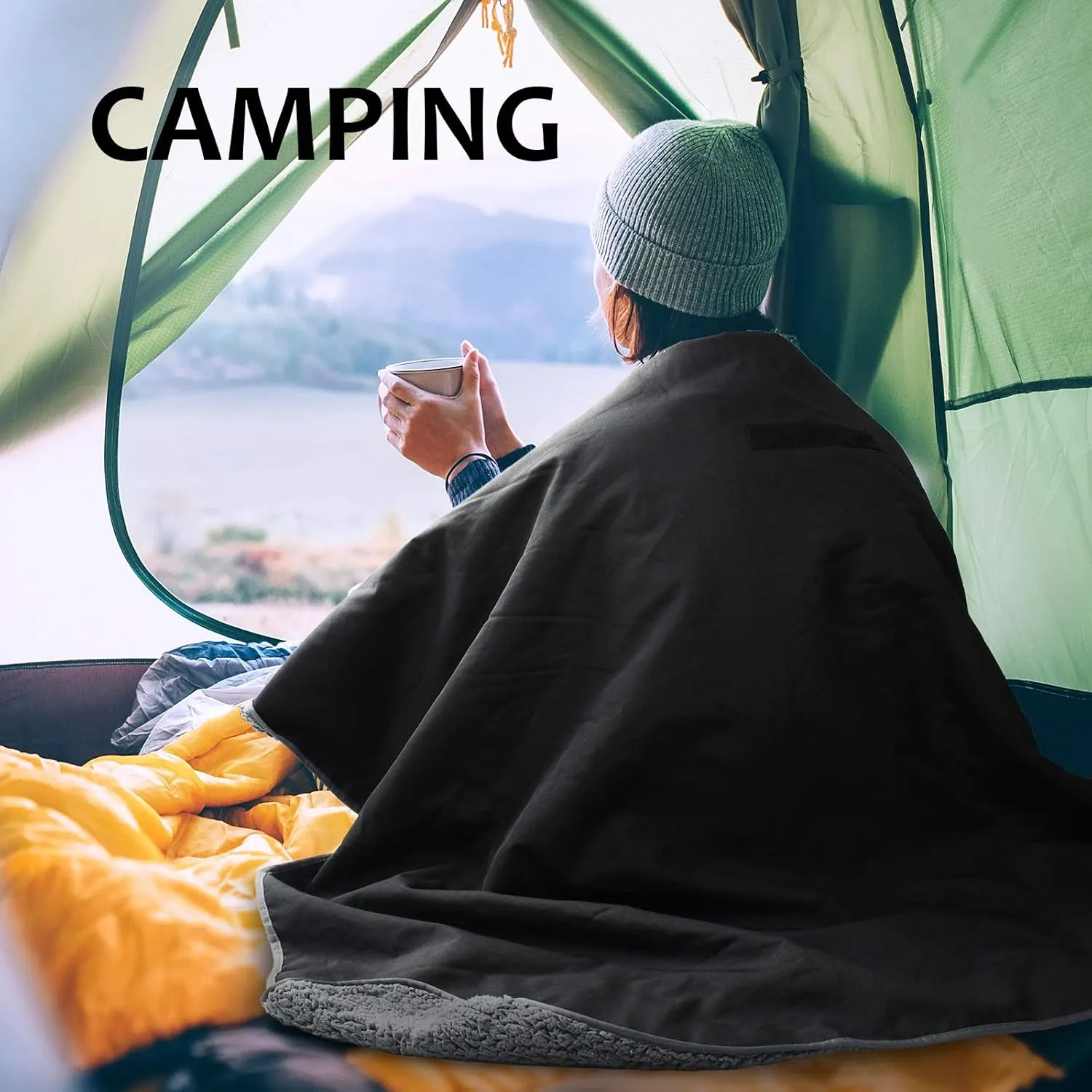Tirrinia Outdoors Waterproof Camping Blanket,Sherpa Fleece Warm Windproof Soccer Stadium Blanket for Car Football Beach Concerts,51''X 59''