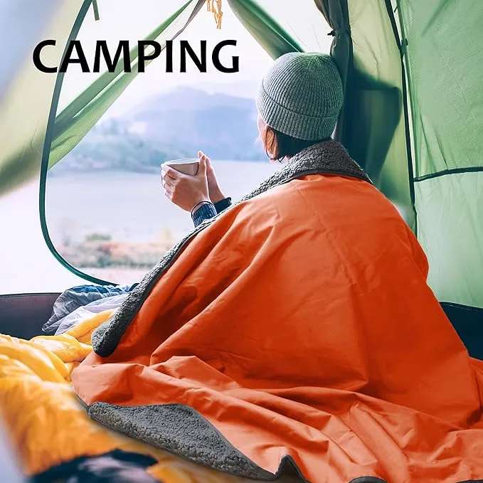 Tirrinia Outdoors Waterproof Throw Blanket, Sherpa Fleece Stadium Windproof Mat for Camping, Picnic, Traveling, Boat, Football - Machine Washable, Orange