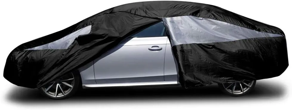 Titan Jet Black Poly 210T Car Cover for Compact Sedans 176-185". Waterproof, UV Protection, Scratch Resistant, Driver-Side Zippered Opening. Fits Corolla, Sentra, Cruz and More.