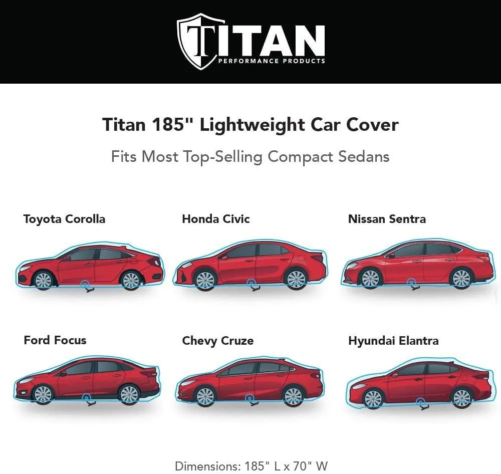 Titan Jet Black Poly 210T Car Cover for Compact Sedans 176-185". Waterproof, UV Protection, Scratch Resistant, Driver-Side Zippered Opening. Fits Corolla, Sentra, Cruz and More.