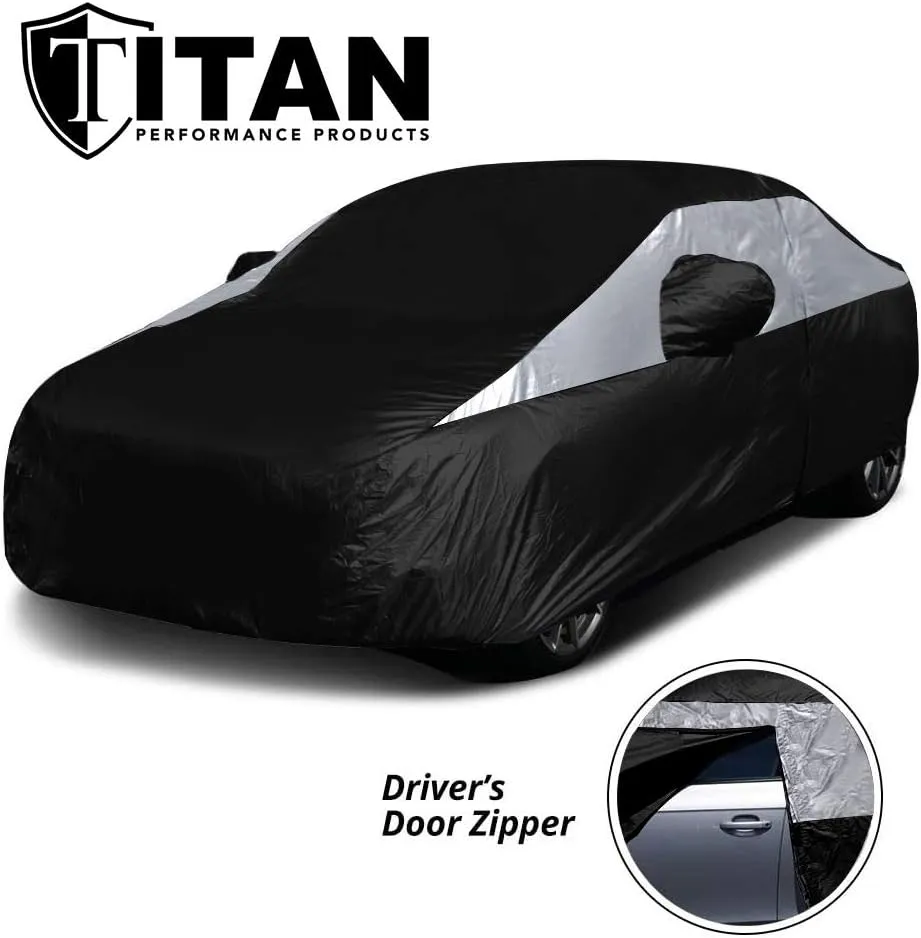 Titan Jet Black Poly 210T Car Cover for Compact Sedans 176-185". Waterproof, UV Protection, Scratch Resistant, Driver-Side Zippered Opening. Fits Corolla, Sentra, Cruz and More.
