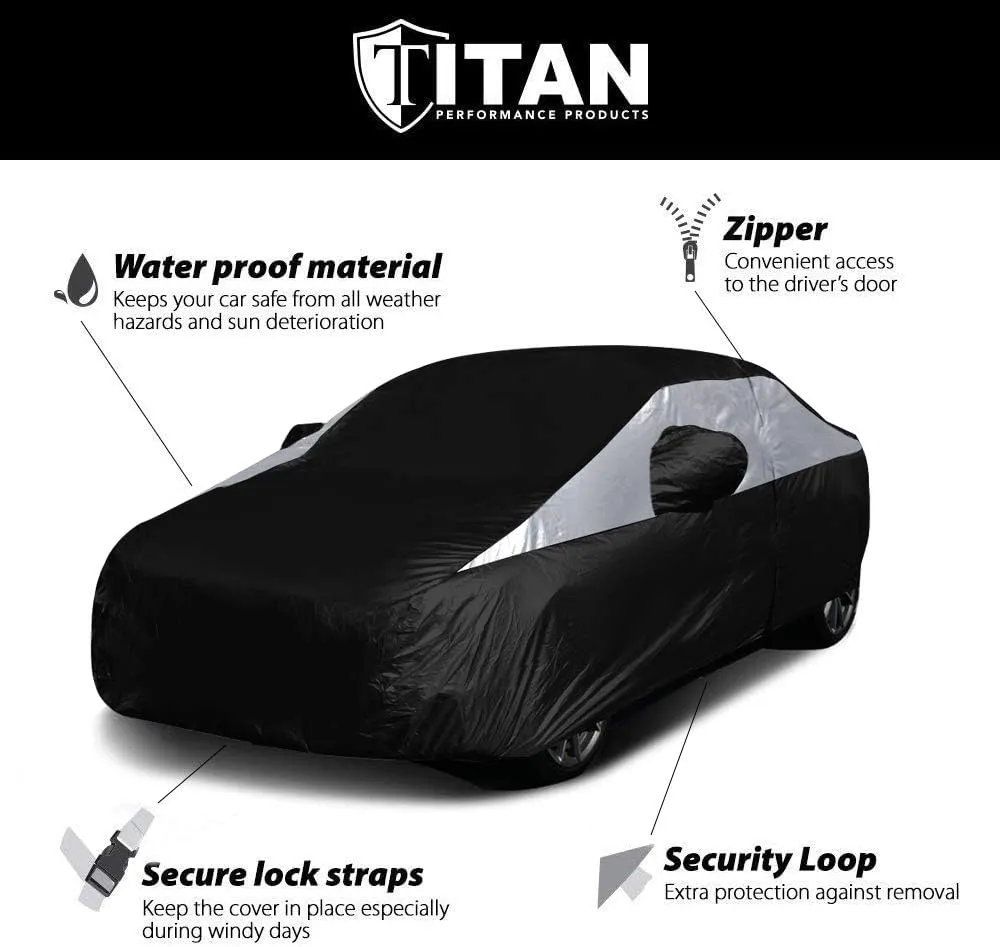 Titan Jet Black Poly 210T Car Cover for Compact Sedans 176-185". Waterproof, UV Protection, Scratch Resistant, Driver-Side Zippered Opening. Fits Corolla, Sentra, Cruz and More.