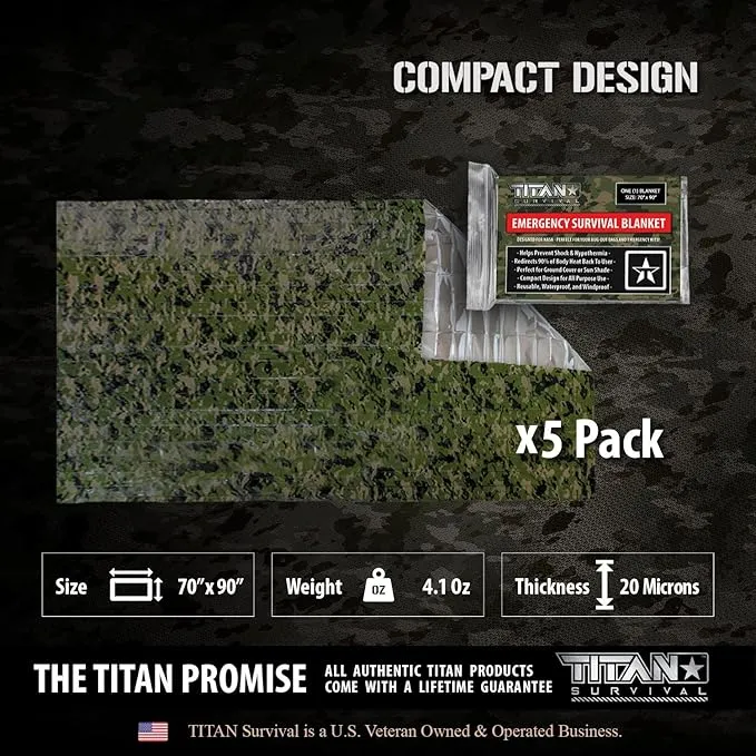 TITAN Survival XL Emergency Mylar Camo Survival Blankets, 5-Pack (SHROWD® Woodland CAMO)