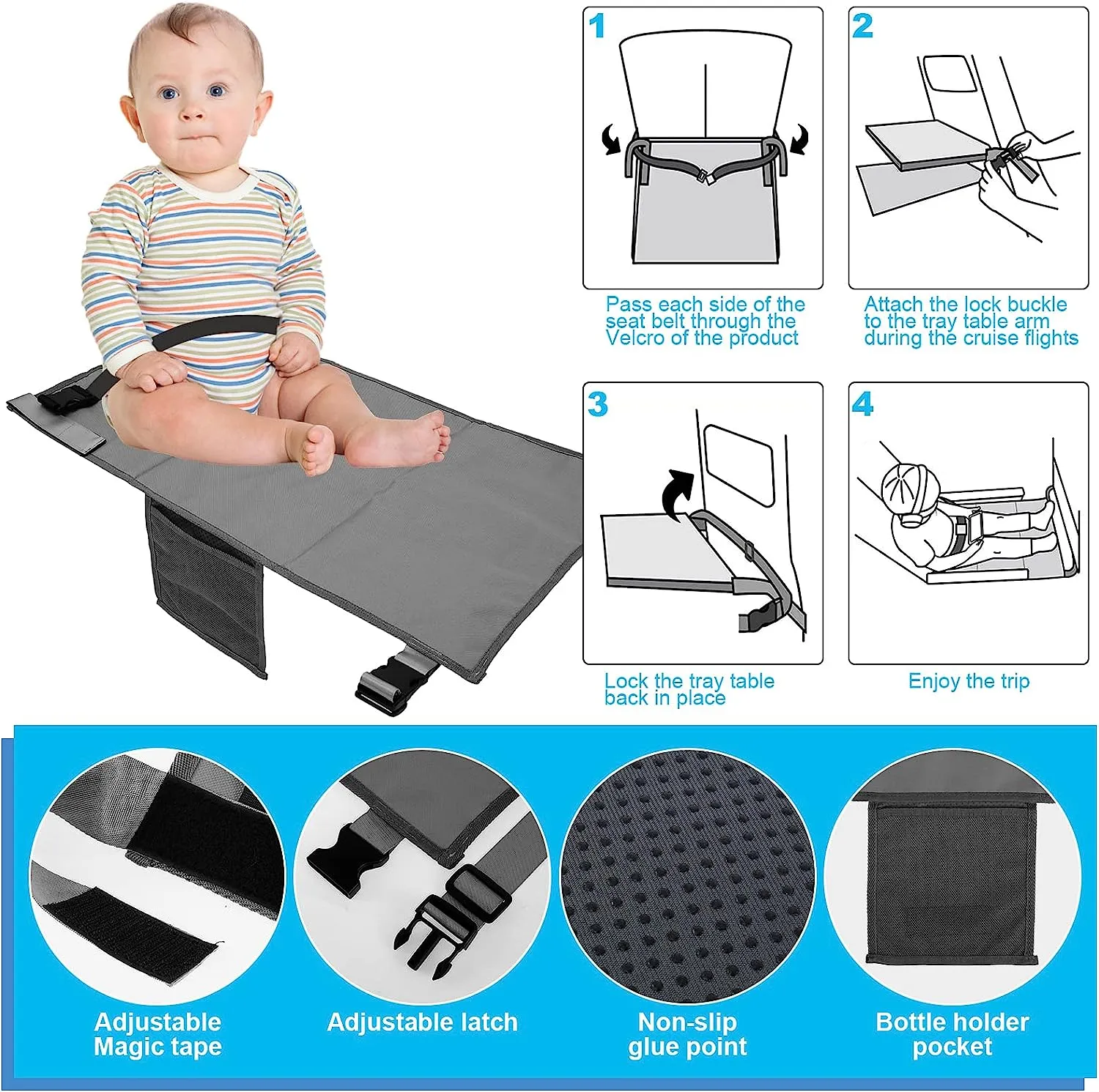 Toddler Airplane Seat Extender Baby Bed, Portable Airplane Footrest Hammock Travel Leg Rest