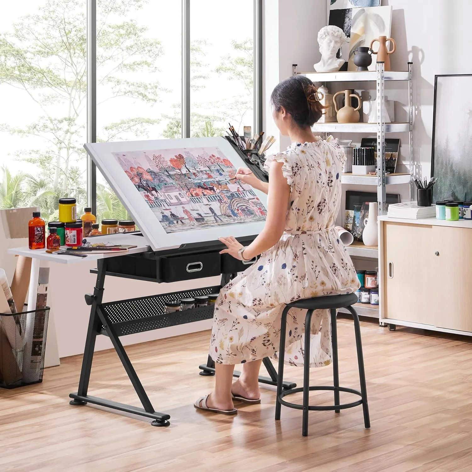 Topeakmart Drafting Table Art Craft Desk with Storage, Wooden Drawing Table with Adjustable Angle, Workstation for Reading&Writing, Foldable Artist Painting Table Crafts Desk with Extra Large Desktop