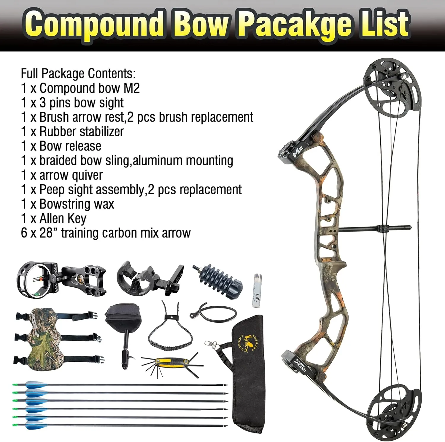 TOPOINT ARCHERY M2 Junior Compound Bow Set for Beginners, Youth & Kids, Women - 17"-27" Draw Length, 10-40Lbs Draw Weight, 290fps IBO, 2.54lbs Lightweight Design