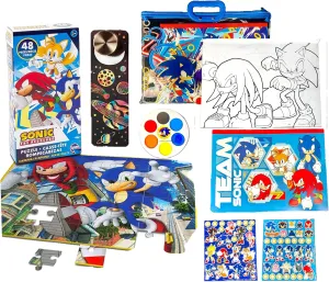 TOY DEALS Sonic The Hedgehog Puzzle, Drawing and Painting Set for Boys - Sonic The Hedgehog Coloring Book, Sonic Art Set, Watercolor Paints, Sonic Stickers, and More...(Puzzle May Vary)