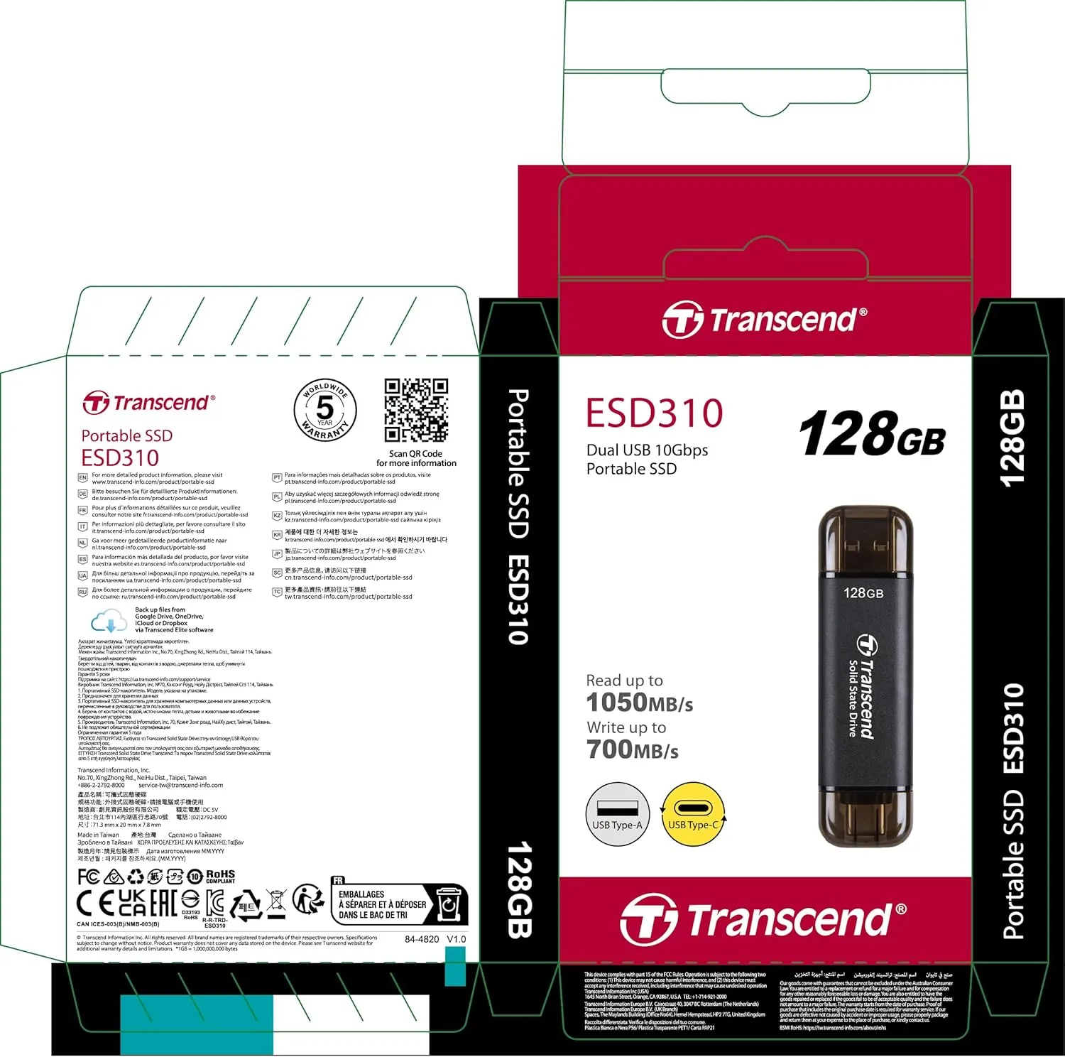 Transcend 128GB USB C External SSD, Up to 1,050MB/s, USB 3.2 Gen 2 Flash Drive, 2-in-1 Memory Stick Type C &Type A, Thumb Drive Photo Stick for Windows, Mac, iPhone, iPad, Android, Tablet&PC, Smart TV