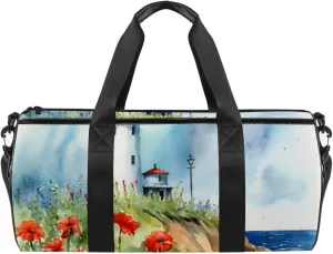 Travel Bag,Mens Gym Bag,Womens Gym Bag,Flower Bush Summer Lighthouse,Sports Bag