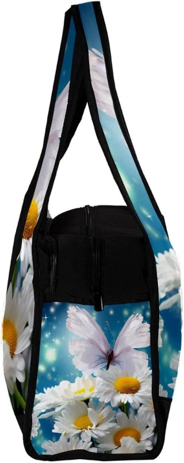 Travel Bag,Mens Gym Bag,Womens Gym Bag,White Daisy Butterfly Flower,Sports Bag