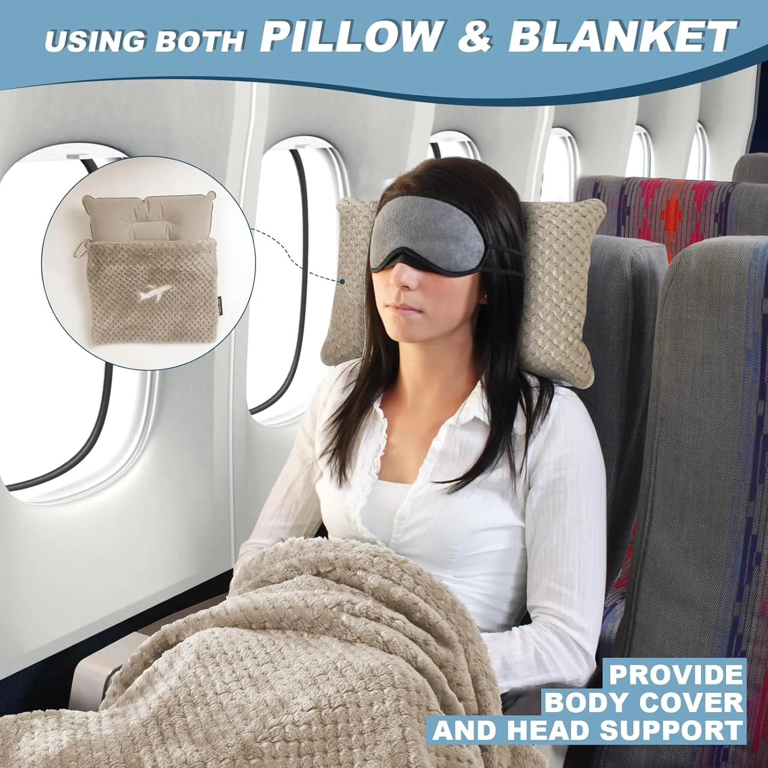 Travel Blanket Airplane Compact with Bag, Travel Essentials 3 in 1 Packable Airplane Blanket, Travel Pillow and Blanket Set, Inflatable Pillow, Luggage Sleeve & Backpack Clip (Camel)