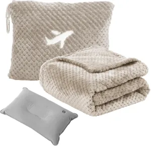 Travel Blanket Airplane Compact with Bag, Travel Essentials 3 in 1 Packable Airplane Blanket, Travel Pillow and Blanket Set, Inflatable Pillow, Luggage Sleeve & Backpack Clip (Camel)