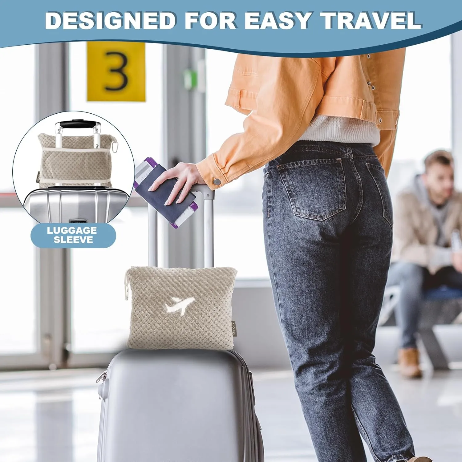 Travel Blanket Airplane Compact with Bag, Travel Essentials 3 in 1 Packable Airplane Blanket, Travel Pillow and Blanket Set, Inflatable Pillow, Luggage Sleeve & Backpack Clip (Camel)