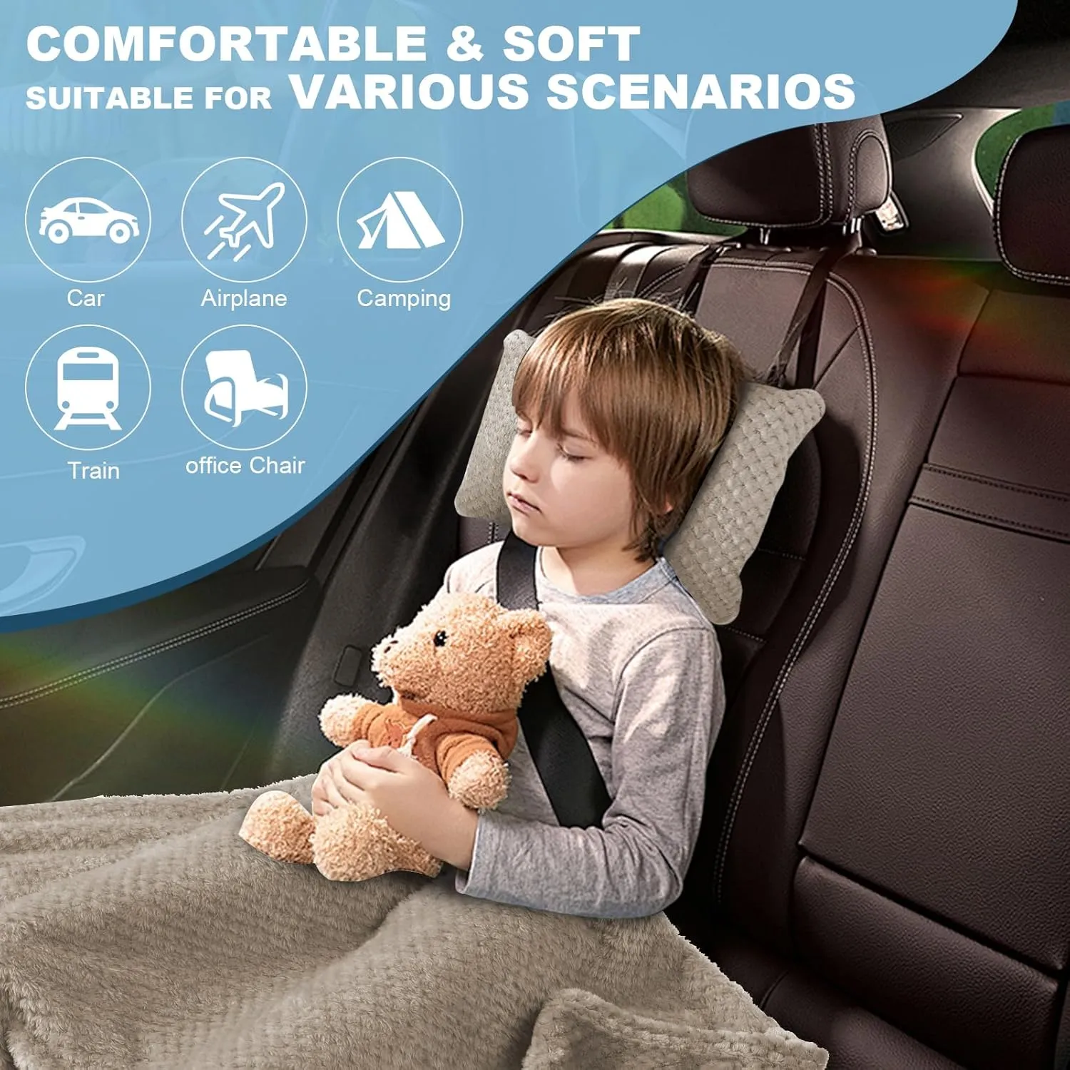 Travel Blanket Airplane Compact with Bag, Travel Essentials 3 in 1 Packable Airplane Blanket, Travel Pillow and Blanket Set, Inflatable Pillow, Luggage Sleeve & Backpack Clip (Camel)