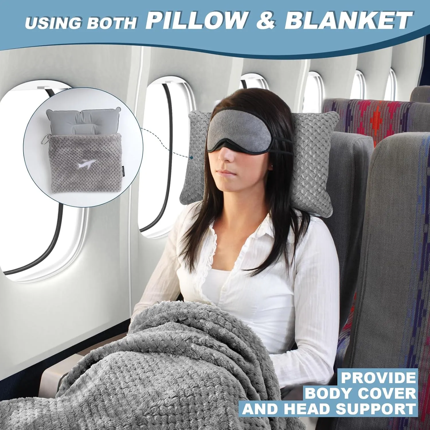 Travel Blanket Airplane Compact with Bag, Travel Essentials 3 in 1 Packable Airplane Blanket, Travel Pillow and Blanket Set, Inflatable Pillow, Luggage Sleeve & Backpack Clip (Light Grey)