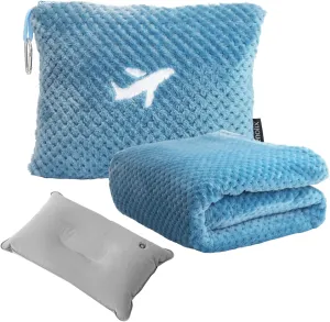 Travel Blanket Airplane Compact with Bag, Travel Essentials 3 in 1 Packable Airplane Blanket, Travel Pillow and Blanket Set, Inflatable Pillow, Luggage Sleeve & Backpack Clip (Slate Blue)