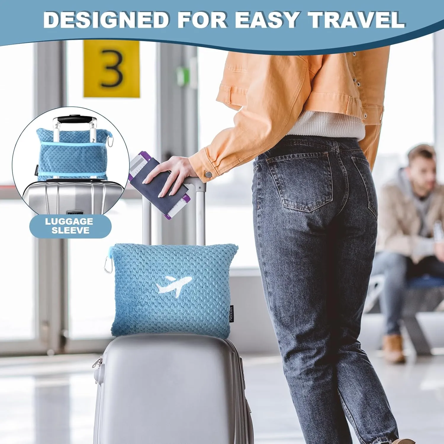 Travel Blanket Airplane Compact with Bag, Travel Essentials 3 in 1 Packable Airplane Blanket, Travel Pillow and Blanket Set, Inflatable Pillow, Luggage Sleeve & Backpack Clip (Slate Blue)