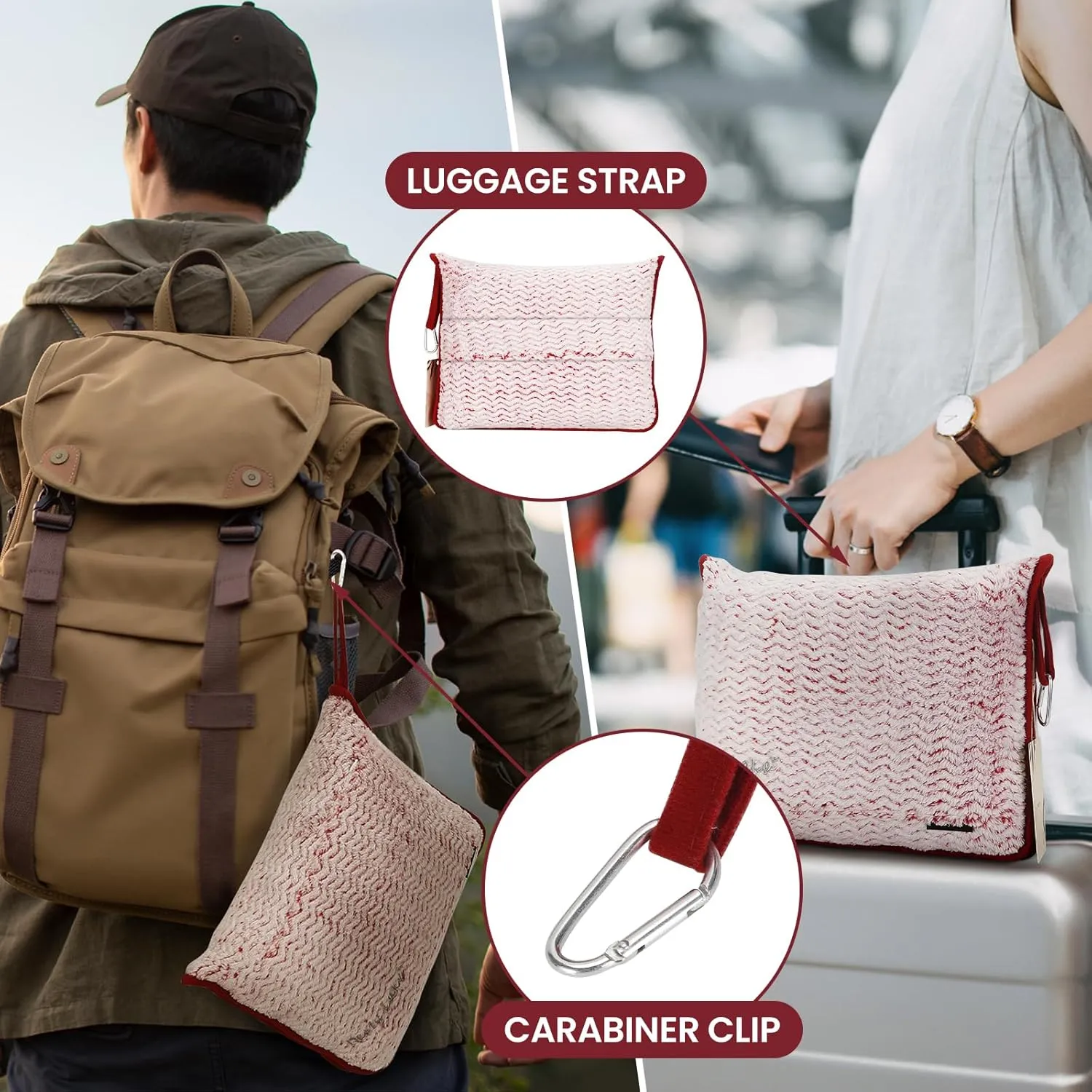 Travel Blanket and Pillow Set，Airplane Blanket Compact 2-in-1 Soft Bag，Travel Essentials for Flight，Plane Car Traveling Gift Accessories，Luggage Backpack Strap 65"x50" (Ⅰ-White Red)