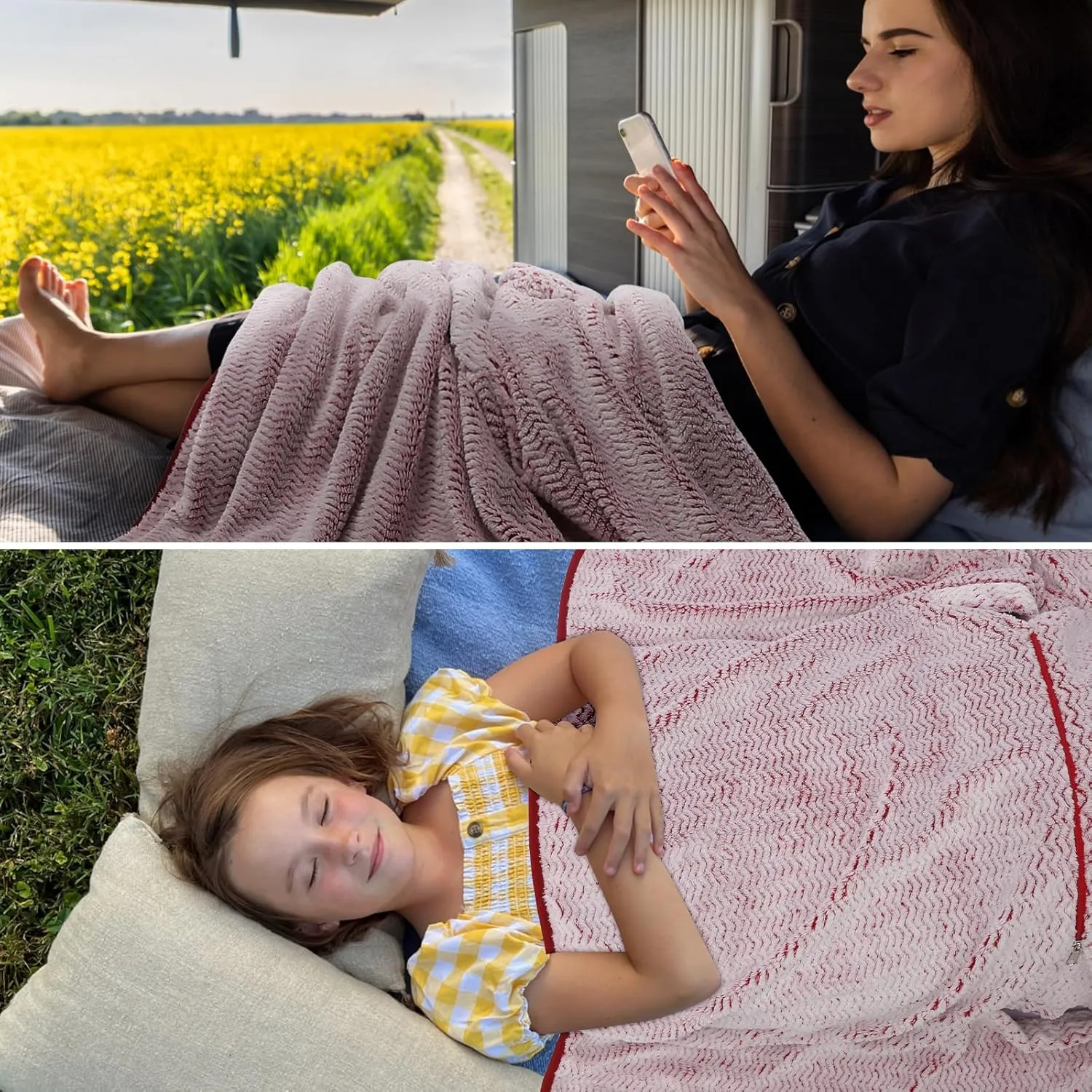 Travel Blanket and Pillow Set，Airplane Blanket Compact 2-in-1 Soft Bag，Travel Essentials for Flight，Plane Car Traveling Gift Accessories，Luggage Backpack Strap 65"x50" (Ⅰ-White Red)