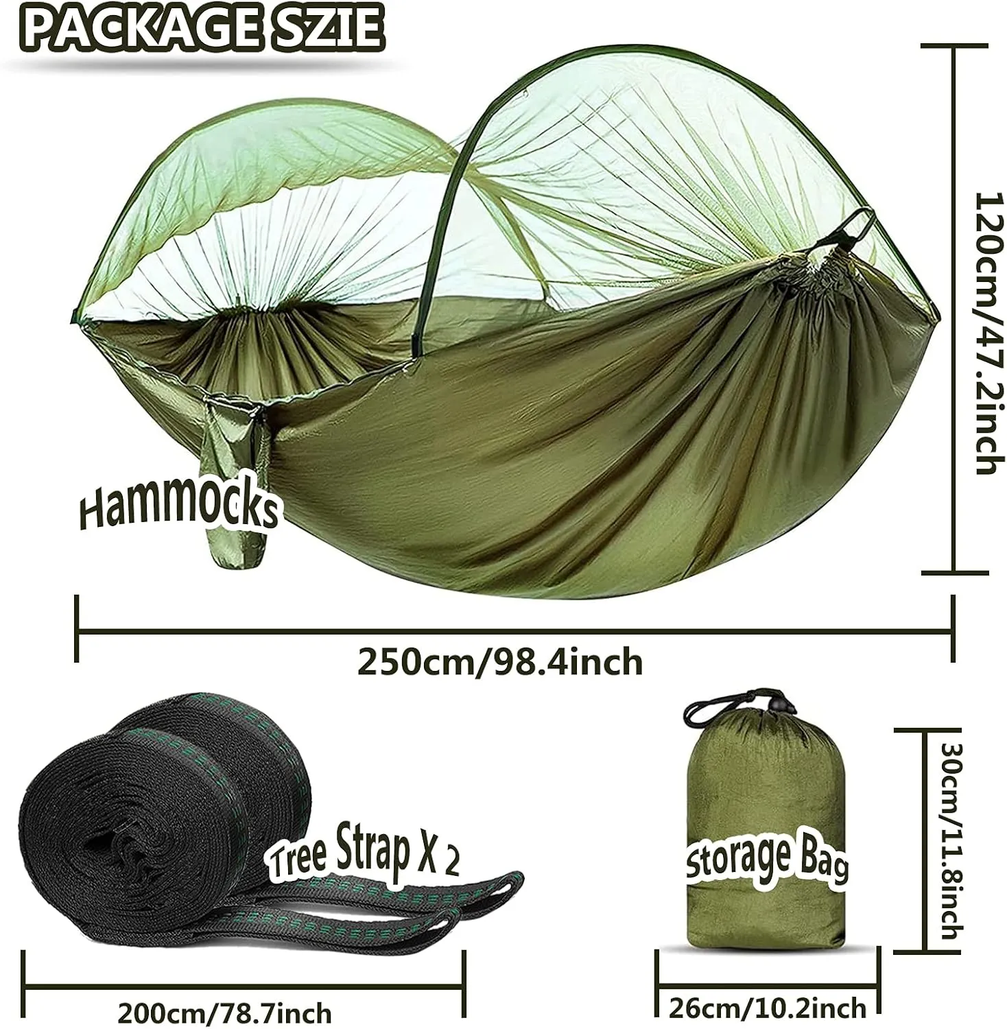 Travel Hammock with Mosquito Net, Lightweight Camping Hammock Hold Up to 200kg, Portable Outdoor Hammock for Camping Hiking Backpacking,Army Green,250x120cm