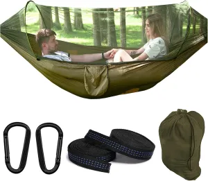 Travel Hammock with Mosquito Net, Lightweight Camping Hammock Hold Up to 200kg, Portable Outdoor Hammock for Camping Hiking Backpacking,Army Green,250x120cm