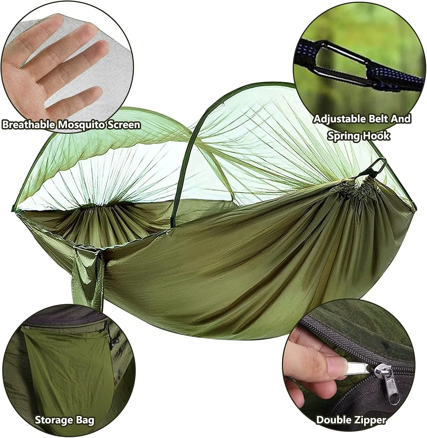 Travel Hammock with Mosquito Net, Lightweight Camping Hammock Hold Up to 200kg, Portable Outdoor Hammock for Camping Hiking Backpacking,Army Green,250x120cm