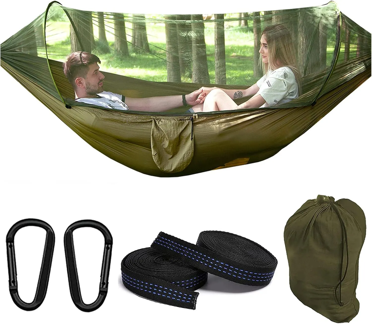 Travel Hammock with Mosquito Net, Lightweight Camping Hammock Hold Up to 200kg, Portable Outdoor Hammock for Camping Hiking Backpacking,Army Green,250x120cm