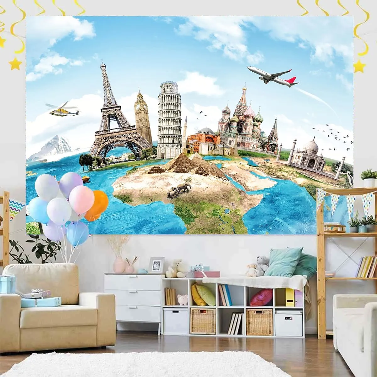 Travel Theme Backdrop 7 x 5 ft, World Map Global Worldwide Landmark Photo Adventure Background Kids Education Birthday Party Banner Photo Studio Props