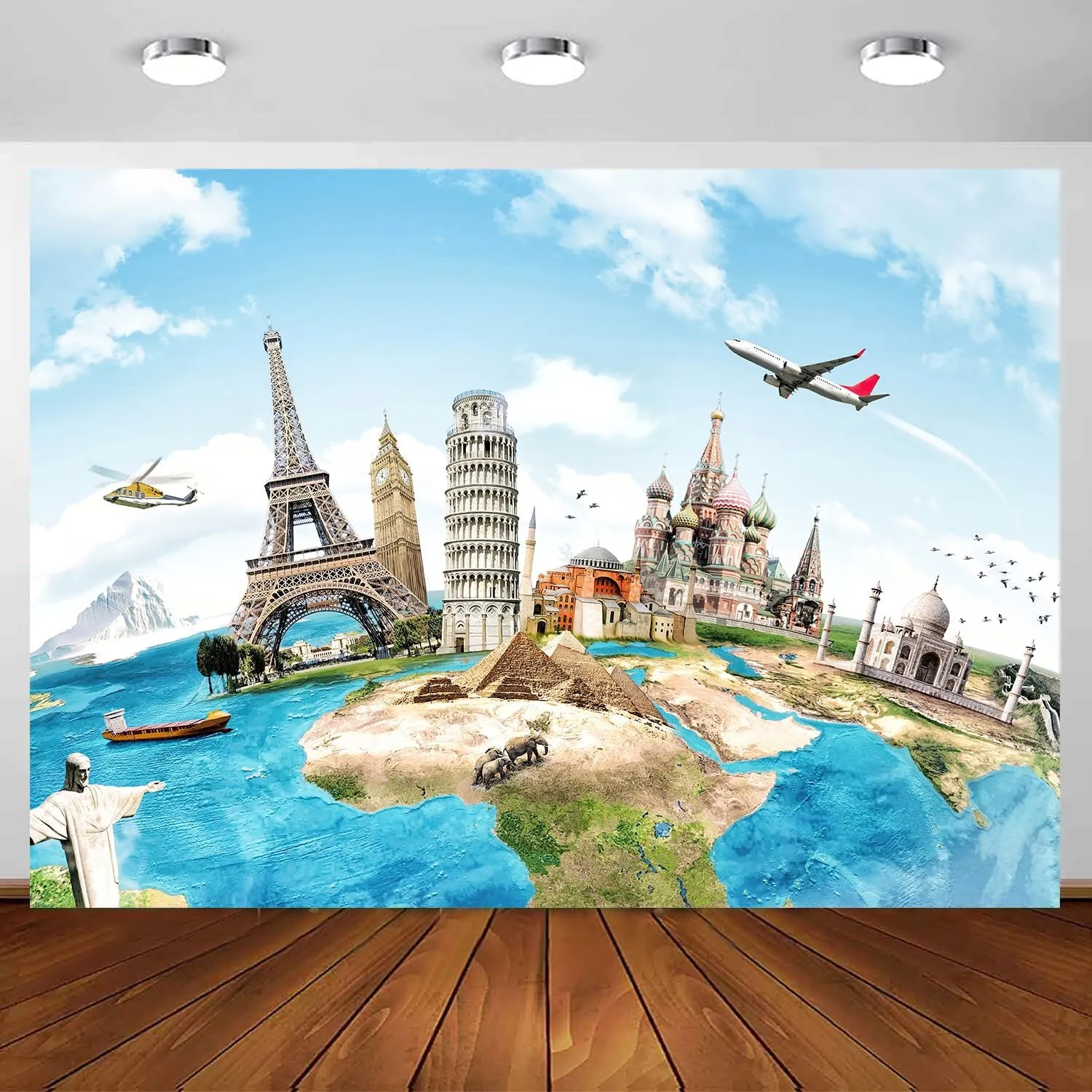 Travel Theme Backdrop 7 x 5 ft, World Map Global Worldwide Landmark Photo Adventure Background Kids Education Birthday Party Banner Photo Studio Props