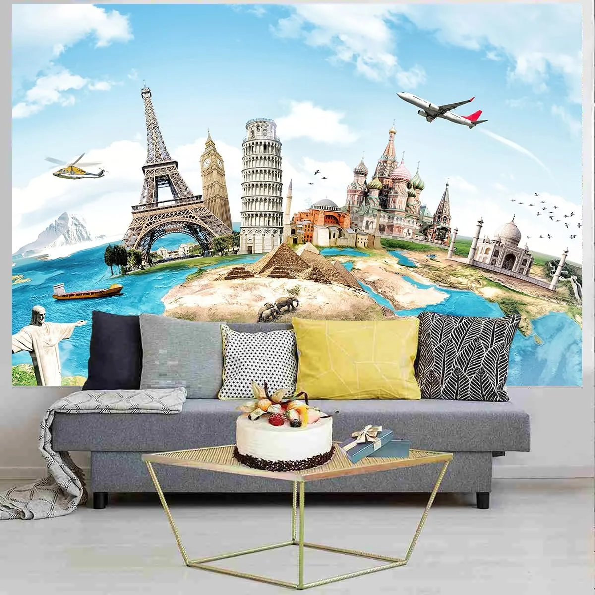 Travel Theme Backdrop 7 x 5 ft, World Map Global Worldwide Landmark Photo Adventure Background Kids Education Birthday Party Banner Photo Studio Props