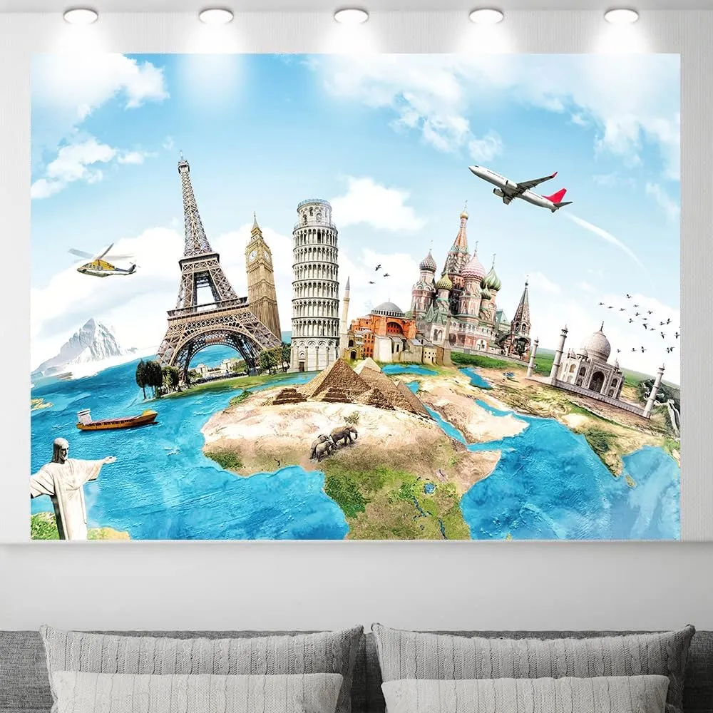 Travel Theme Backdrop 7 x 5 ft, World Map Global Worldwide Landmark Photo Adventure Background Kids Education Birthday Party Banner Photo Studio Props