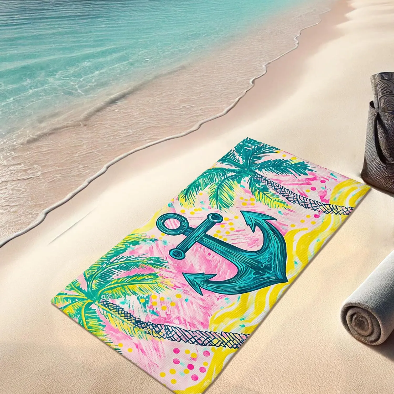 Tropical Anchor Microfiber Beach Towel Peach Palm Trees Bath Towel, Quick Dry Absorbent Sand Free Lightweight Beach Blanket, Summer Vacation Picnic Essentials 70x35 Inch