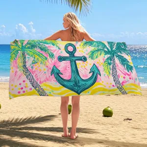 Tropical Anchor Microfiber Beach Towel Peach Palm Trees Bath Towel, Quick Dry Absorbent Sand Free Lightweight Beach Blanket, Summer Vacation Picnic Essentials 70x35 Inch
