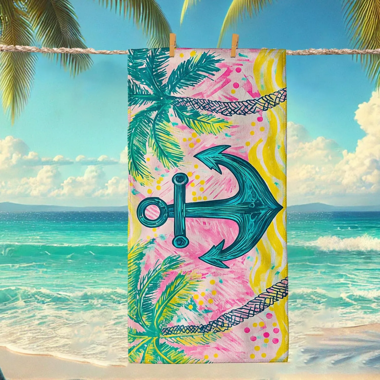 Tropical Anchor Microfiber Beach Towel Peach Palm Trees Bath Towel, Quick Dry Absorbent Sand Free Lightweight Beach Blanket, Summer Vacation Picnic Essentials 70x35 Inch