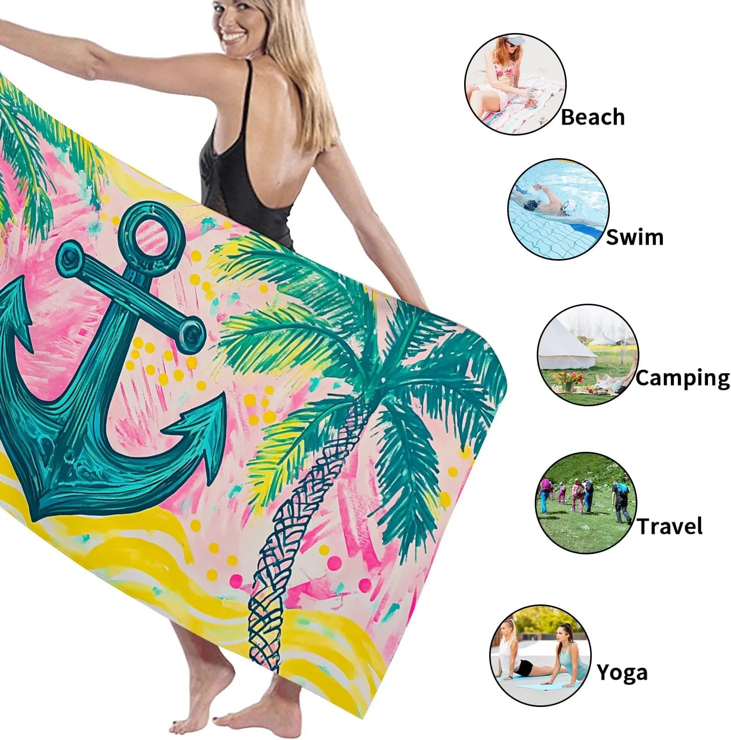 Tropical Anchor Microfiber Beach Towel Peach Palm Trees Bath Towel, Quick Dry Absorbent Sand Free Lightweight Beach Blanket, Summer Vacation Picnic Essentials 70x35 Inch