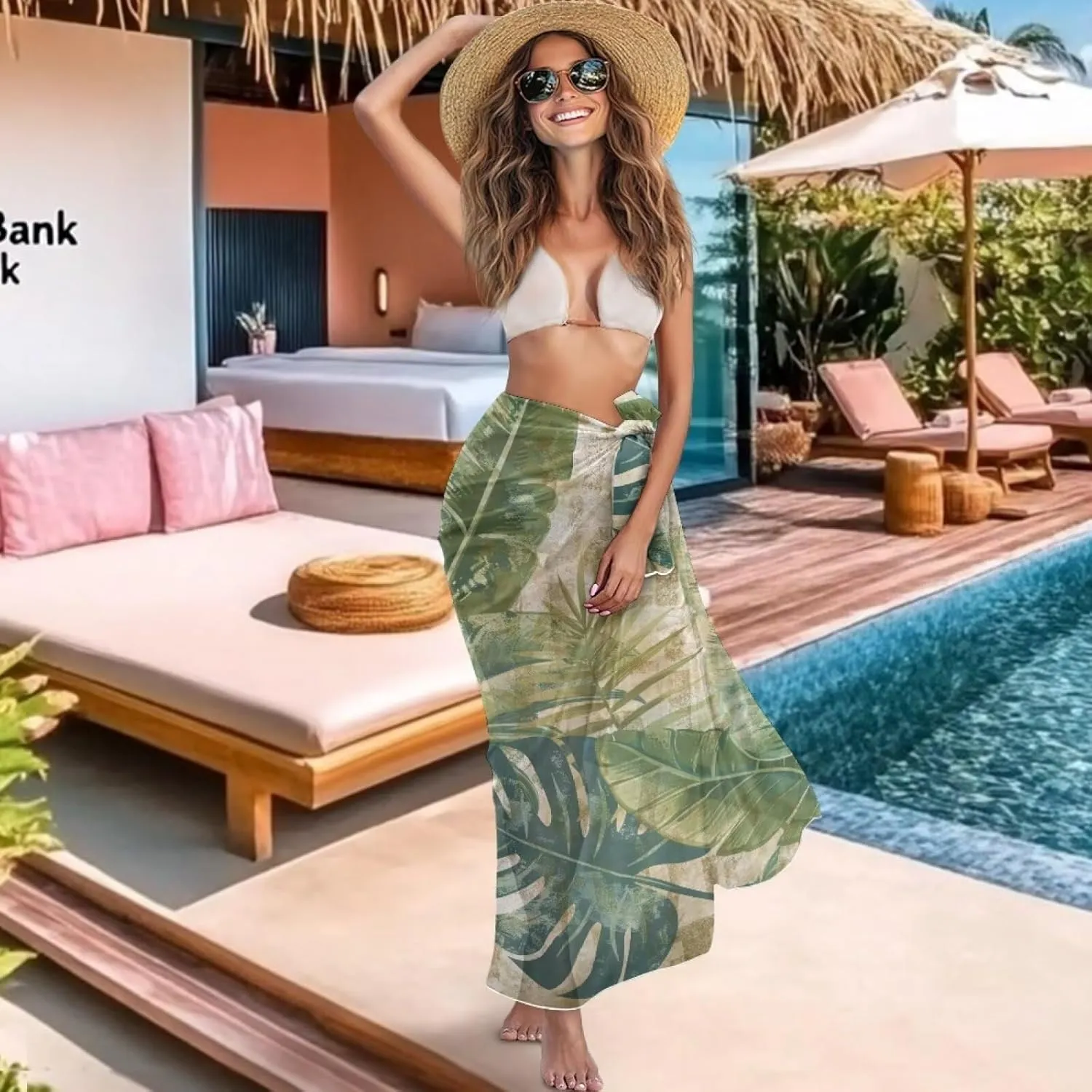 Tropical Flower Leaves Sarong Wraps Coverups Chiffon Long Bikini Wraps Sheer Resort Wear Dress Skirt